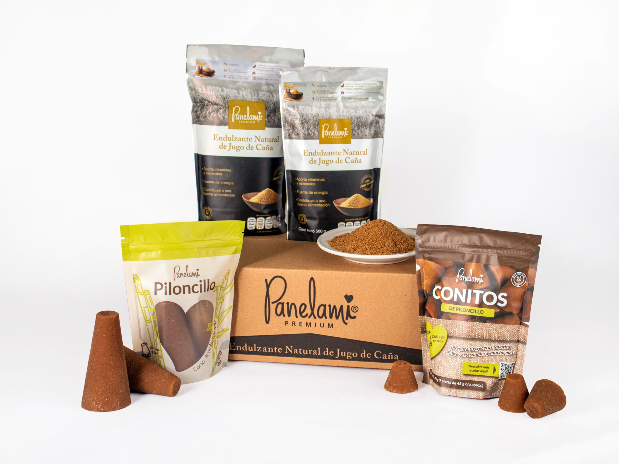 Familia de productos Panelami: cono tradicional, conitos y piloncillo granulado